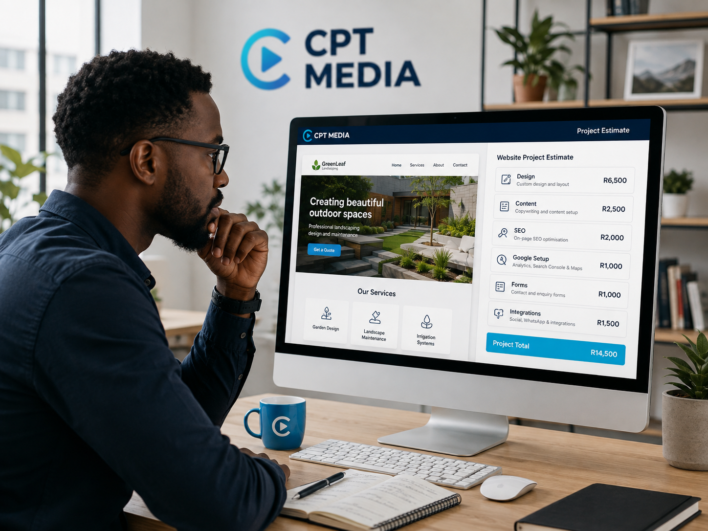 South African business owner comparing website design costs and features