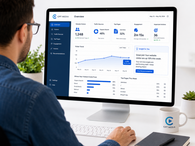 Small business owner using the CPT Media Dashboard to understand website analytics