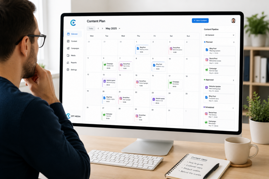 Content calendar for small business inside the CPT Media Dashboard