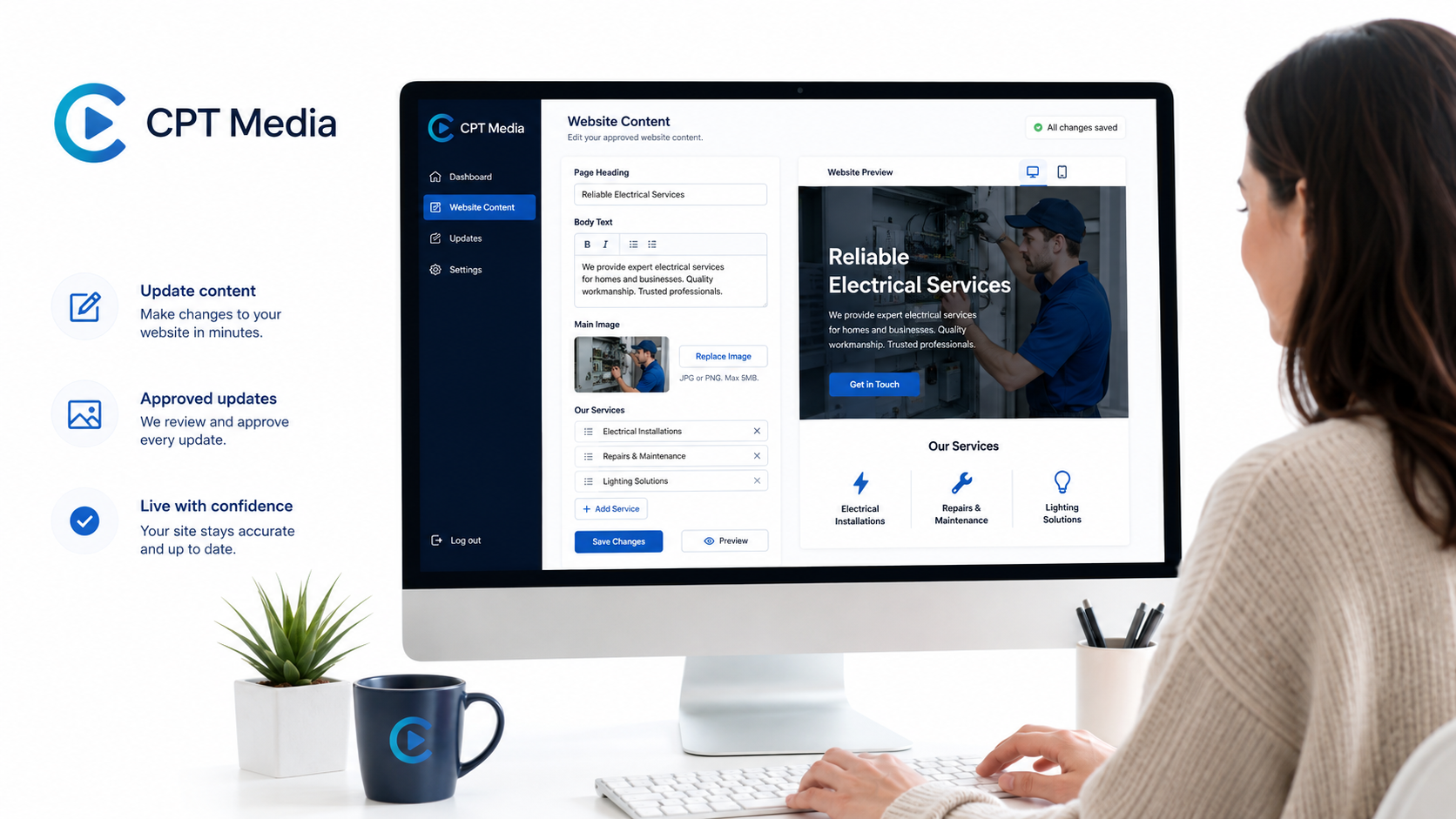 Small business owner using a dashboard to update website content without a developer