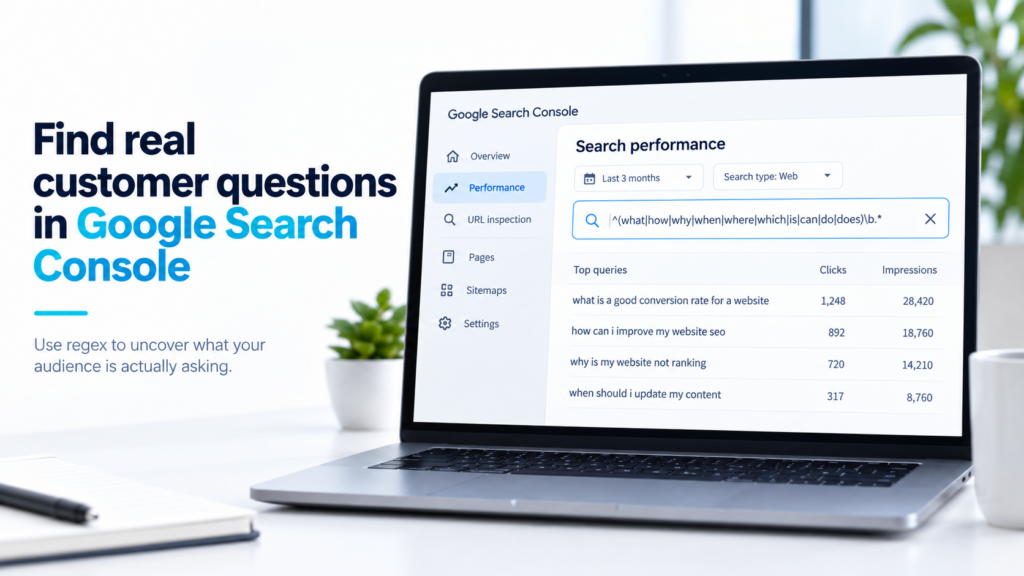 Google Search Console regex filter showing customer question queries