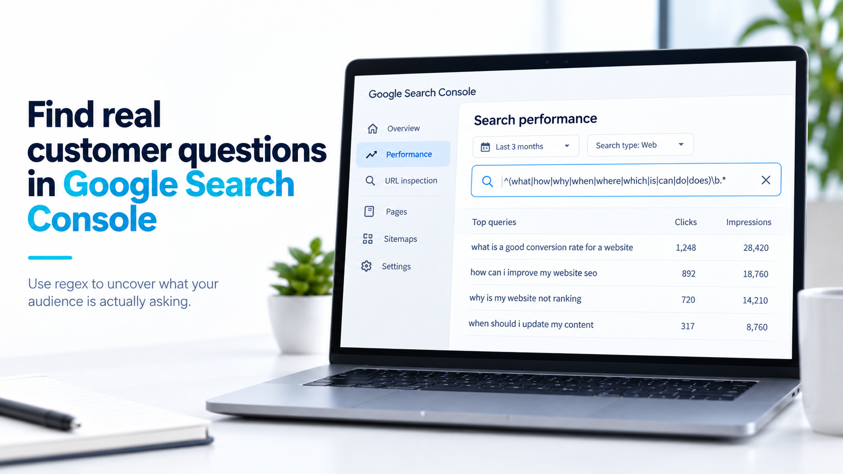 Google Search Console regex filter showing customer question queries