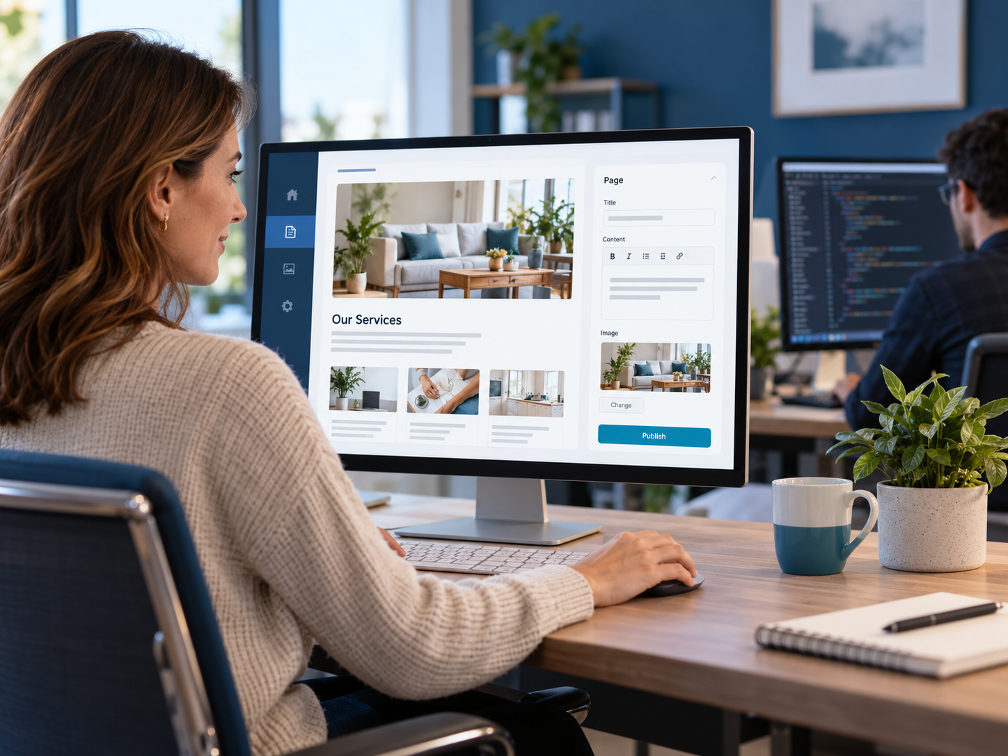 Small business owner deciding whether to manage their website or hire someone